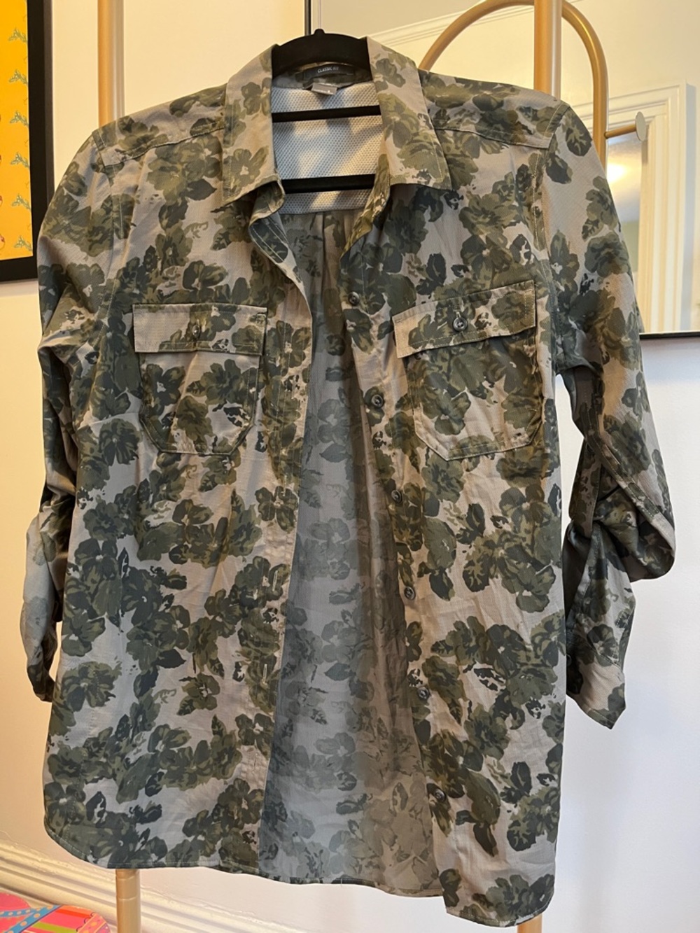 Eddie Bauer Olive Green Floral Button-Down Shirt